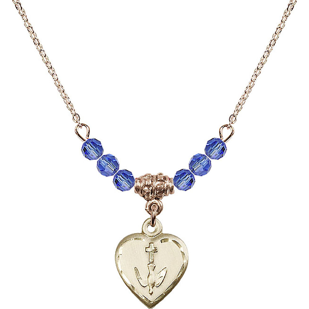 14kt Gold Filled Heart / Confirmation Birthstone Necklace with Sapphire Beads - 0891