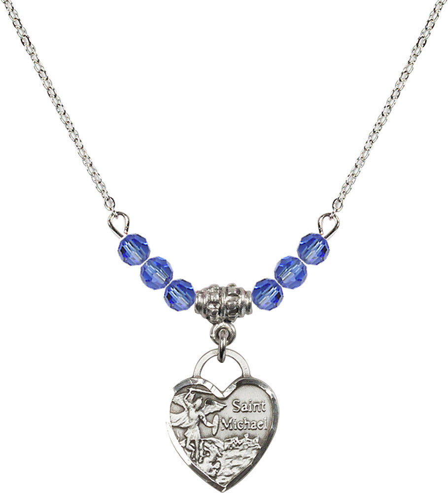 Sterling Silver Saint Michael Heart Birthstone Necklace with Sapphire Beads - 3403