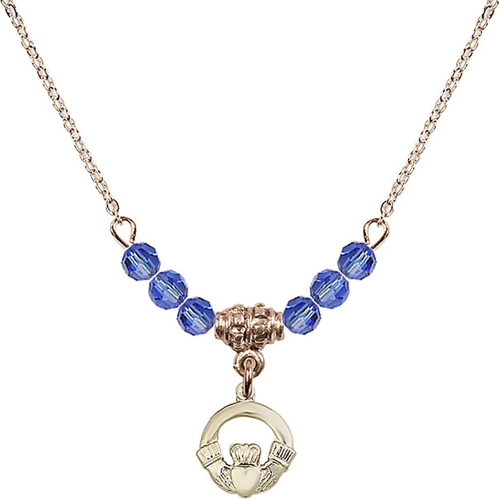 14kt Gold Filled Claddagh Birthstone Necklace with Sapphire Beads - 4113