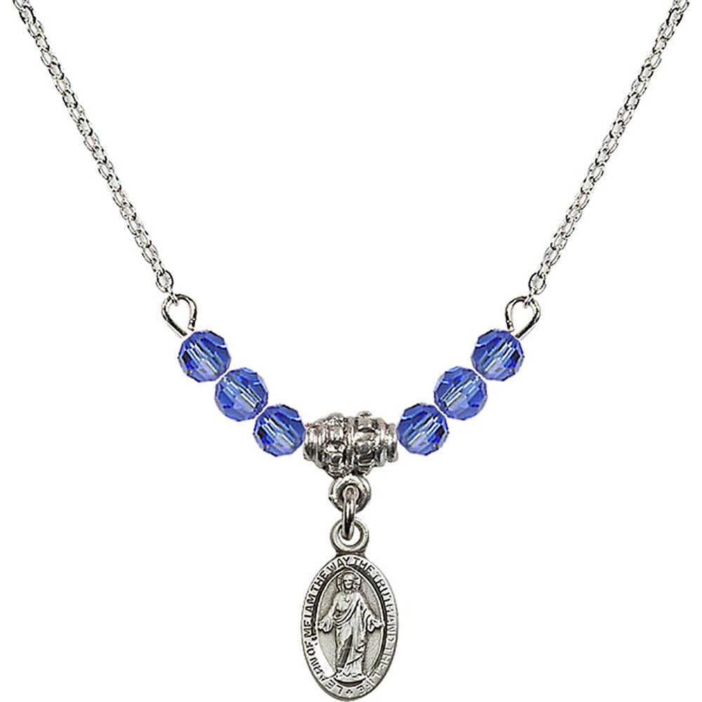 Sterling Silver Scapular Birthstone Necklace with Sapphire Beads - 4121