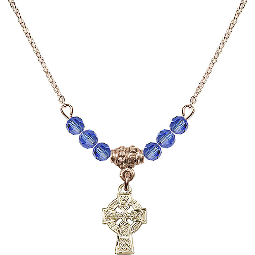 14kt Gold Filled Celtic Cross Birthstone Necklace with Sapphire Beads - 4133