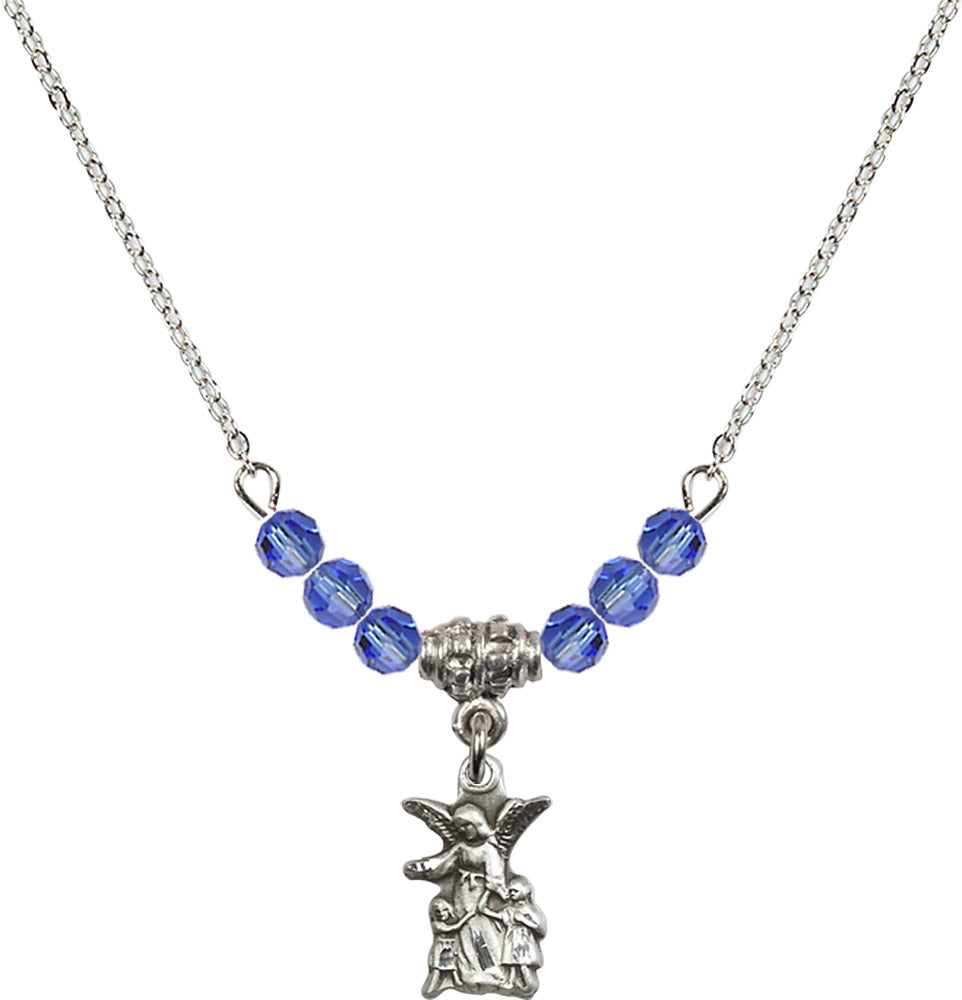 Sterling Silver Guardian Angel Birthstone Necklace with Sapphire Beads - 4253