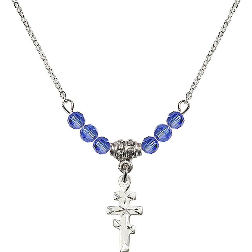 Sterling Silver Greek Orthadox Cross Birthstone Necklace with Sapphire Beads - 5654