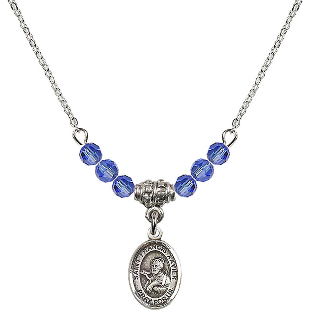 Sterling Silver Saint Francis Xavier Birthstone Necklace with Sapphire Beads - 9037