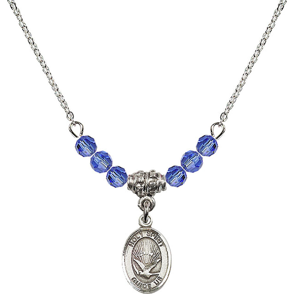 Sterling Silver Holy Spirit Birthstone Necklace with Sapphire Beads - 9044