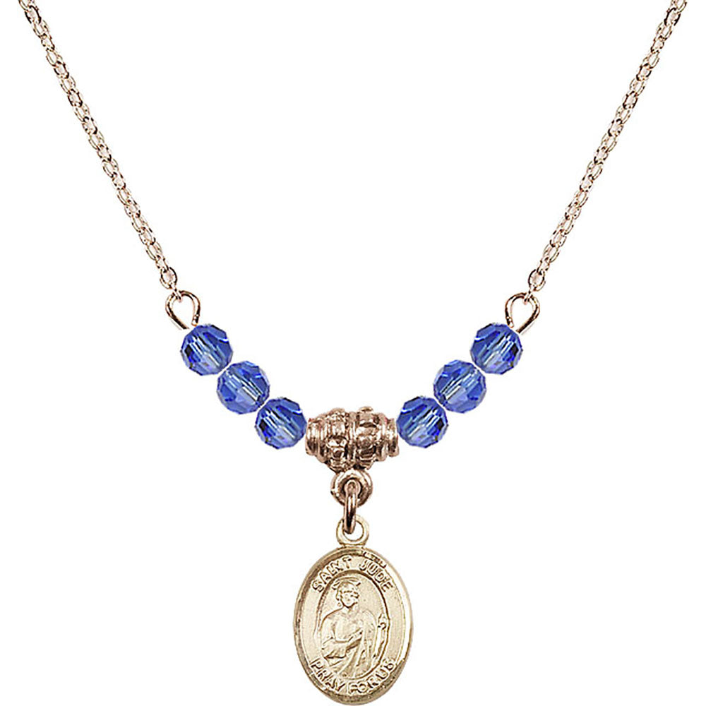 14kt Gold Filled Saint Jude Thaddeus Birthstone Necklace with Sapphire Beads - 9060
