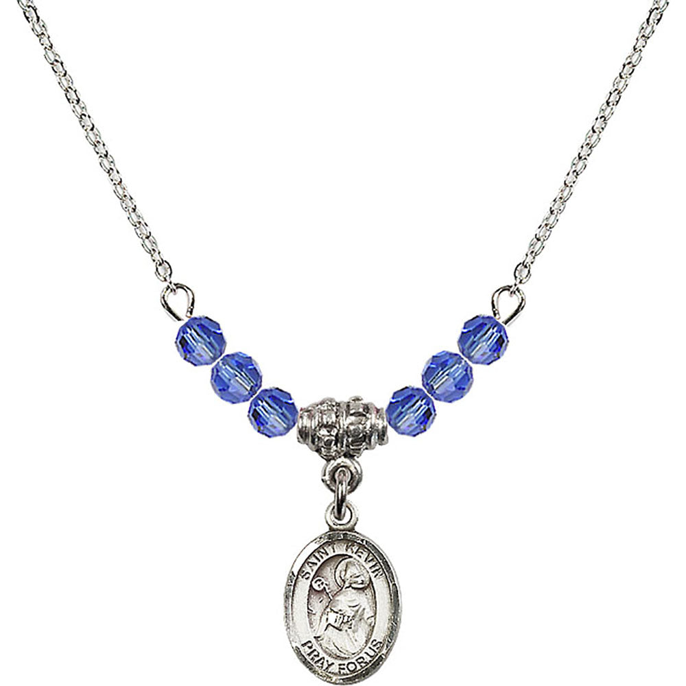 Sterling Silver Saint Kevin Birthstone Necklace with Sapphire Beads - 9062