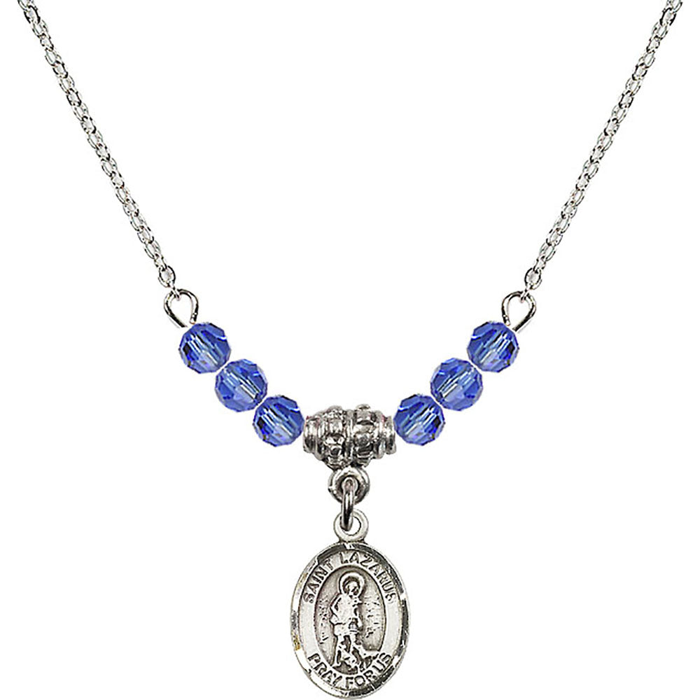 Sterling Silver Saint Lazarus Birthstone Necklace with Sapphire Beads - 9066