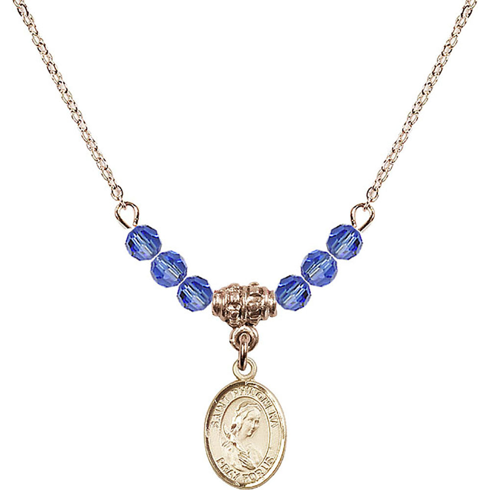 14kt Gold Filled Saint Philomena Birthstone Necklace with Sapphire Beads - 9077