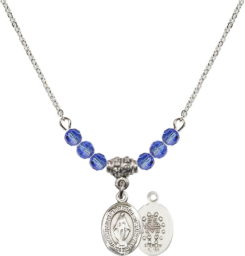 Sterling Silver Miraculous Birthstone Necklace with Sapphire Beads - 9078