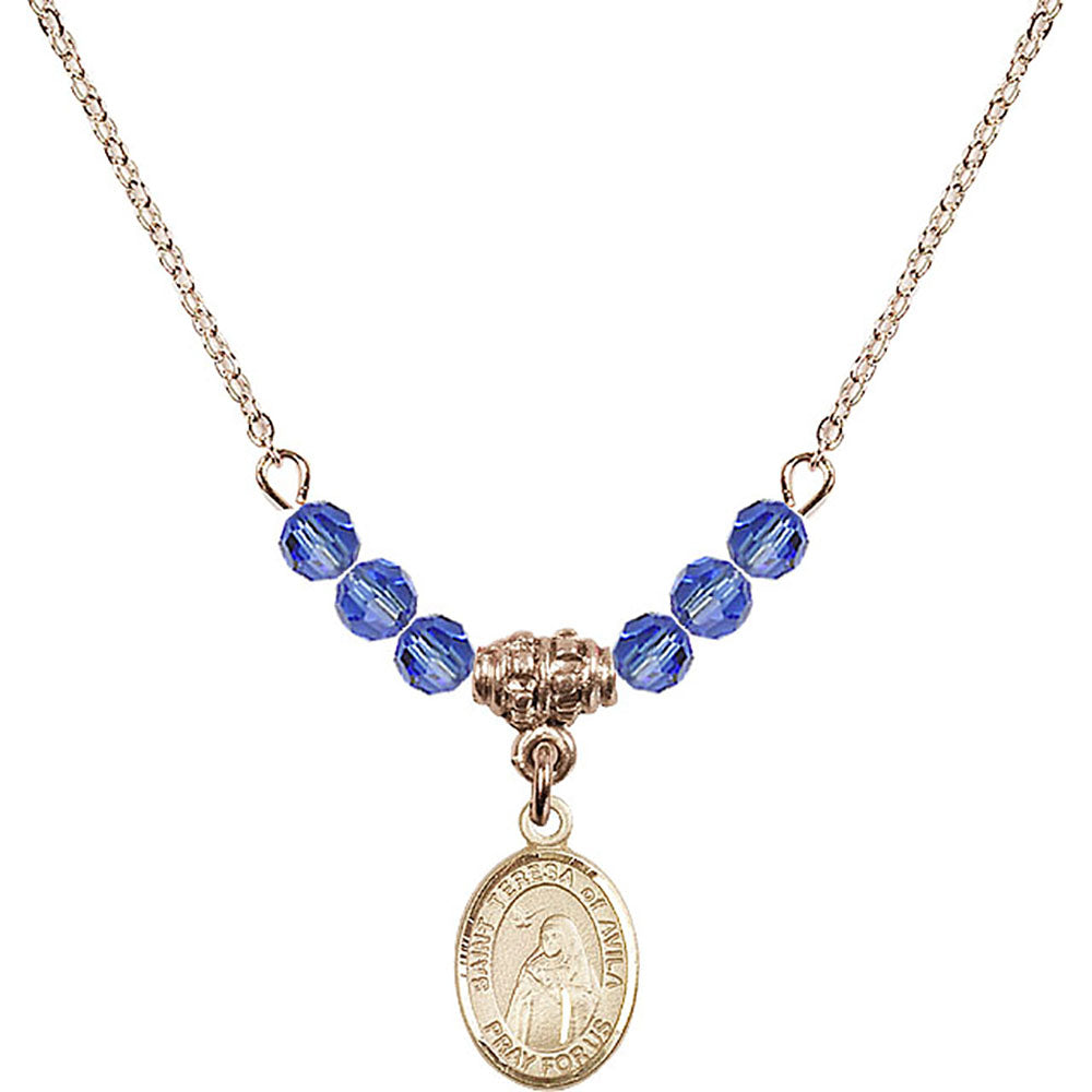 14kt Gold Filled Saint Teresa of Avila Birthstone Necklace with Sapphire Beads - 9102