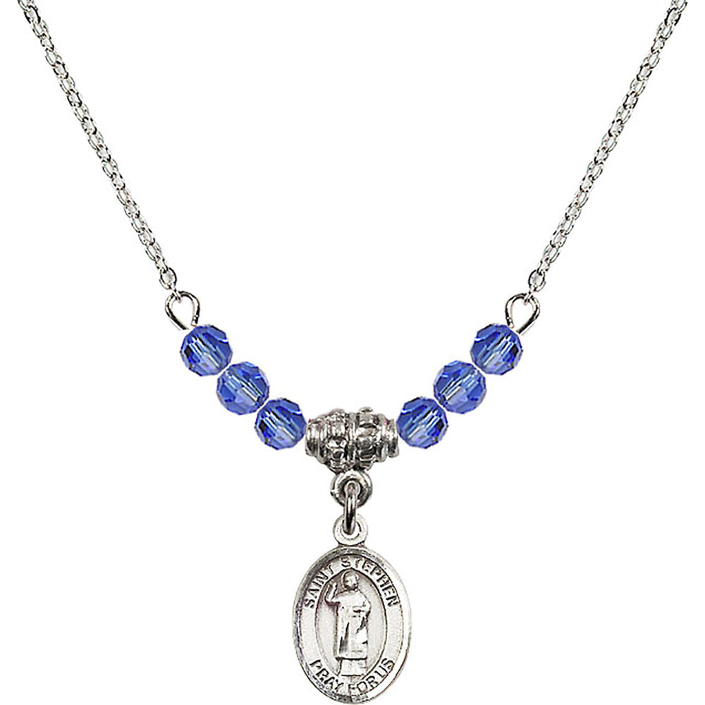 Sterling Silver Saint Stephen the Martyr Birthstone Necklace with Sapphire Beads - 9104