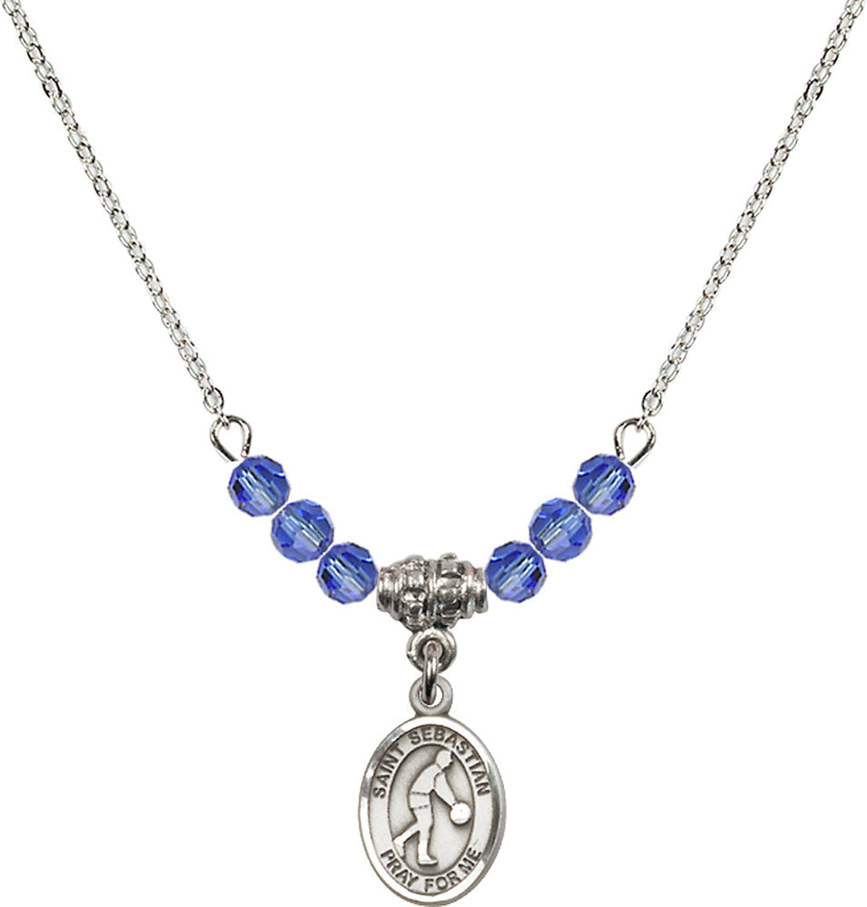 Sterling Silver Saint Sebastian/Basketball Birthstone Necklace with Sapphire Beads - 9163