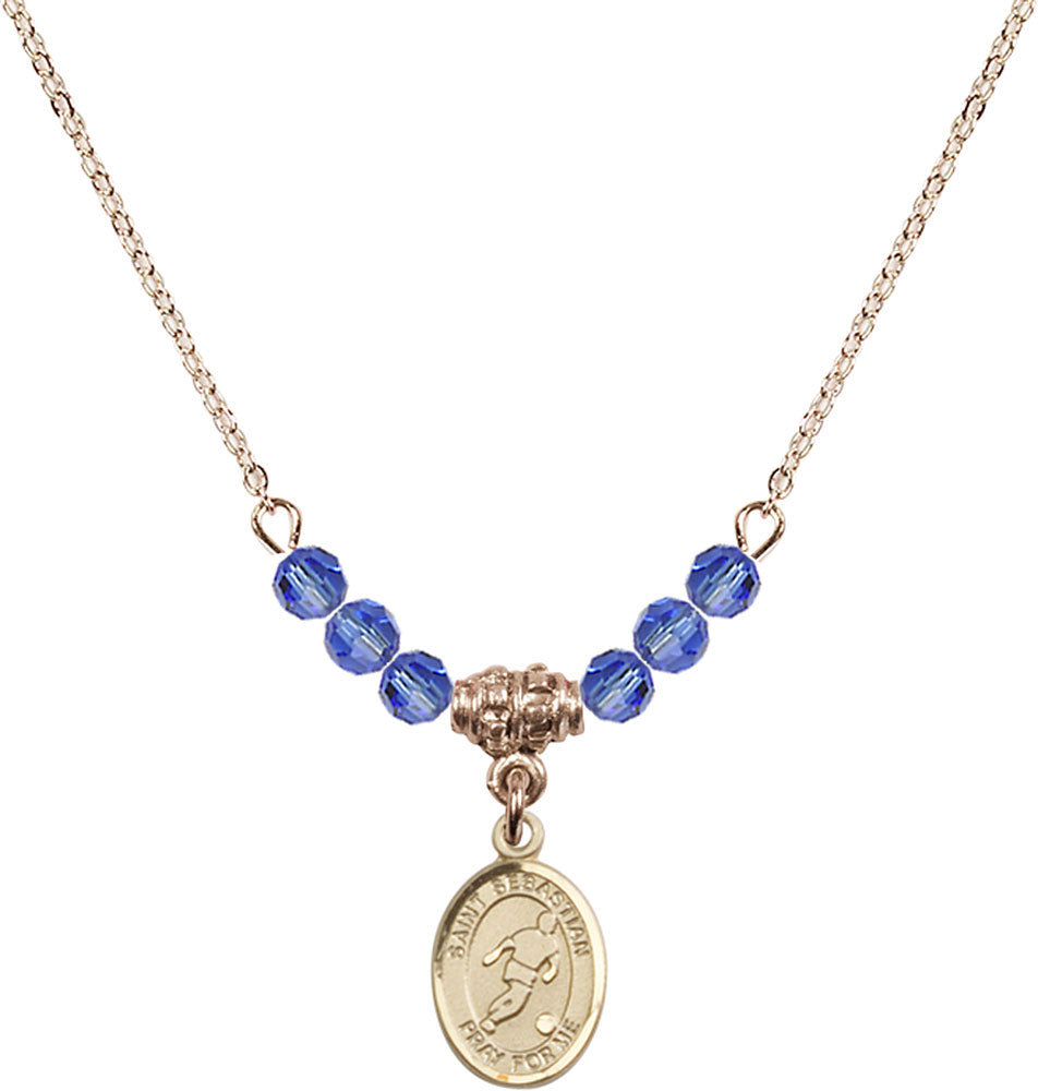 14kt Gold Filled Saint Sebastian/Soccer Birthstone Necklace with Sapphire Beads - 9164