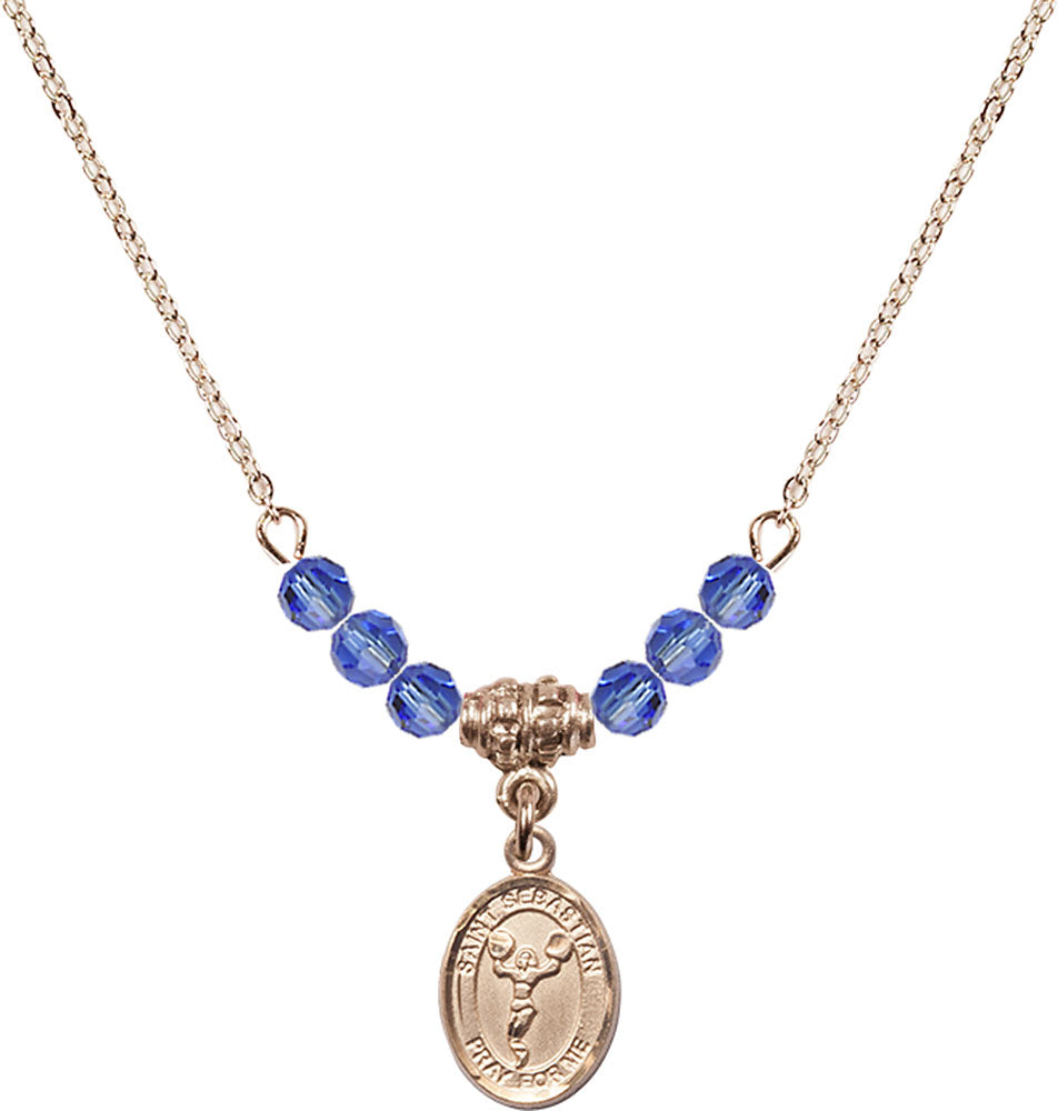 14kt Gold Filled Saint Sebastian/Cheerleading Birthstone Necklace with Sapphire Beads - 9170