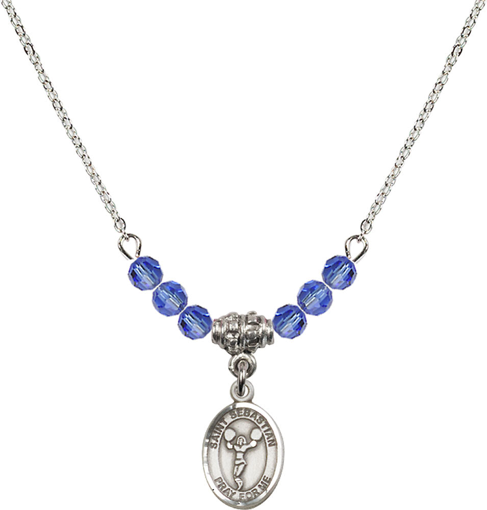 Sterling Silver Saint Sebastian/Cheerleading Birthstone Necklace with Sapphire Beads - 9170