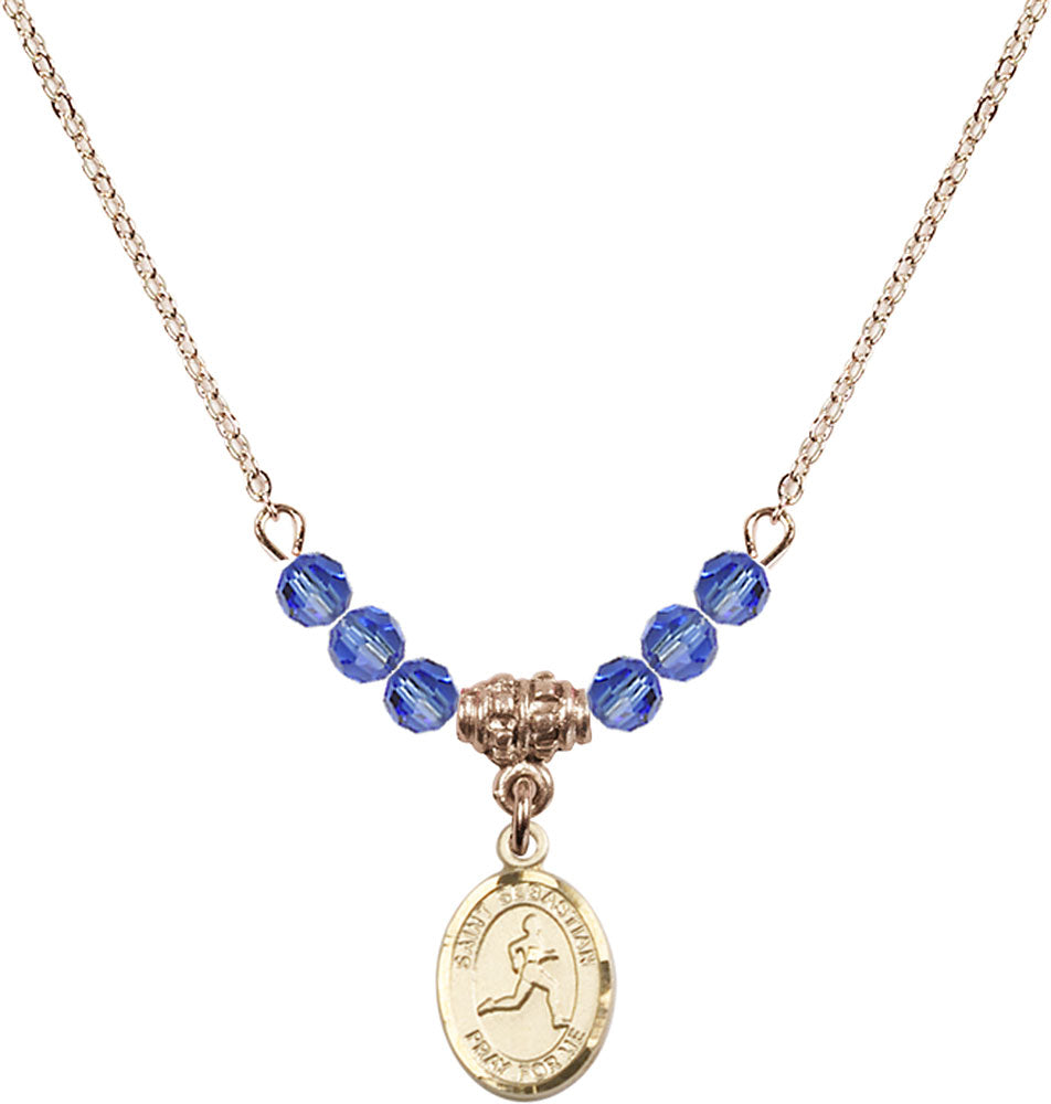 14kt Gold Filled Saint Sebastian/Track & Field Birthstone Necklace with Sapphire Beads - 9176