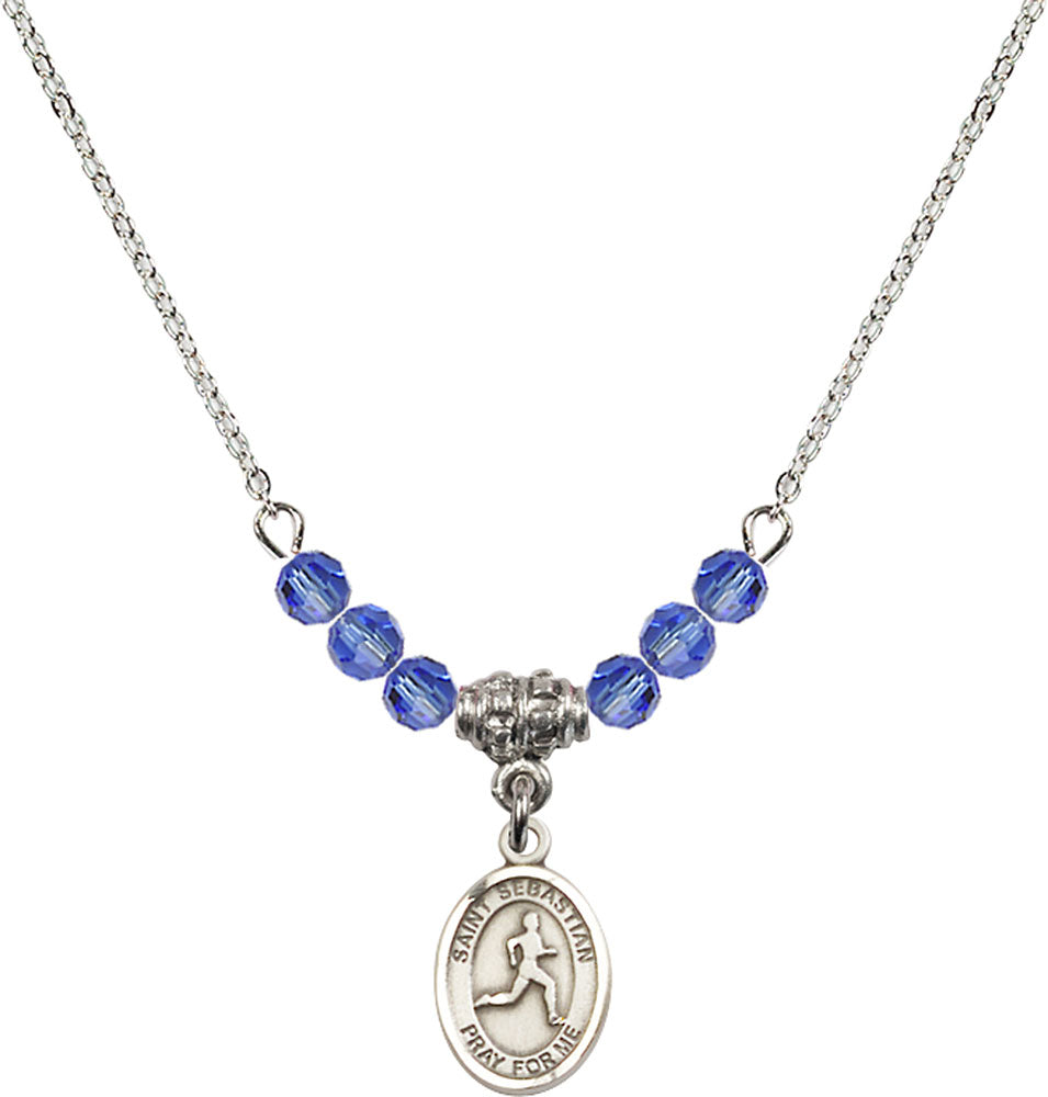 Sterling Silver Saint Sebastian/Track & Field Birthstone Necklace with Sapphire Beads - 9176