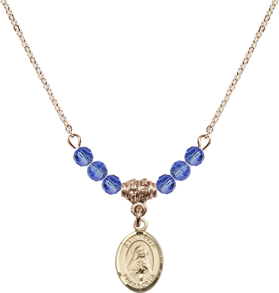 14kt Gold Filled Saint Rita / Baseball Birthstone Necklace with Sapphire Beads - 9181