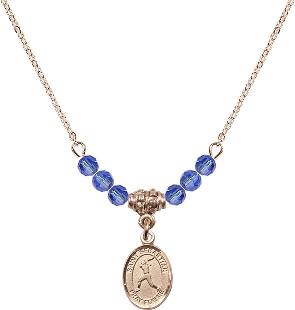 14kt Gold Filled Saint Sebastian/Softball Birthstone Necklace with Sapphire Beads - 9183