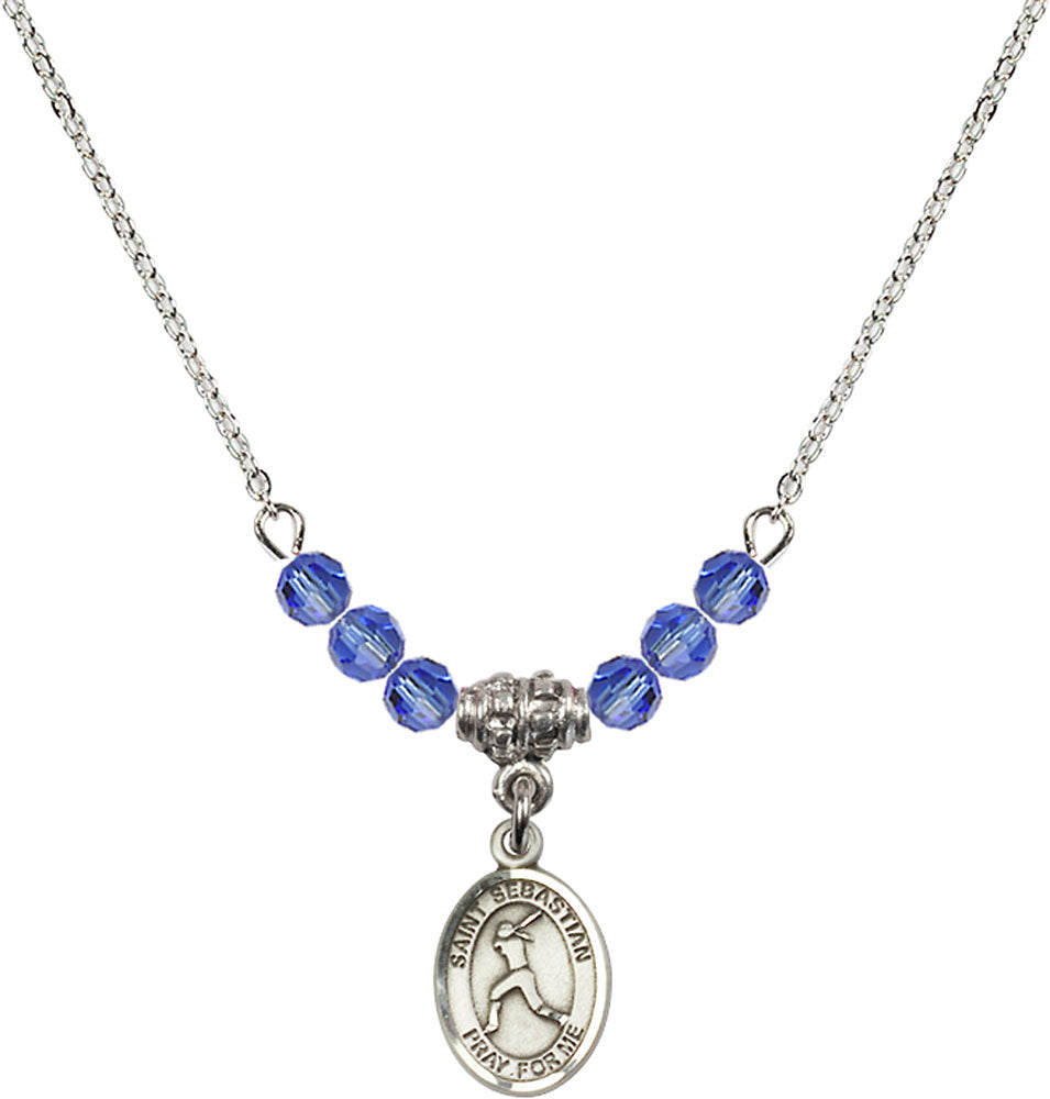 Sterling Silver Saint Sebastian/Softball Birthstone Necklace with Sapphire Beads - 9183