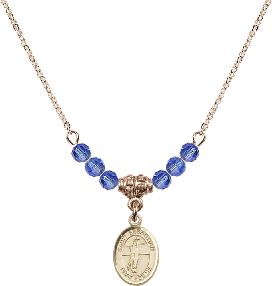 14kt Gold Filled Saint Sebastian / Volleyball Birthstone Necklace with Sapphire Beads - 9186