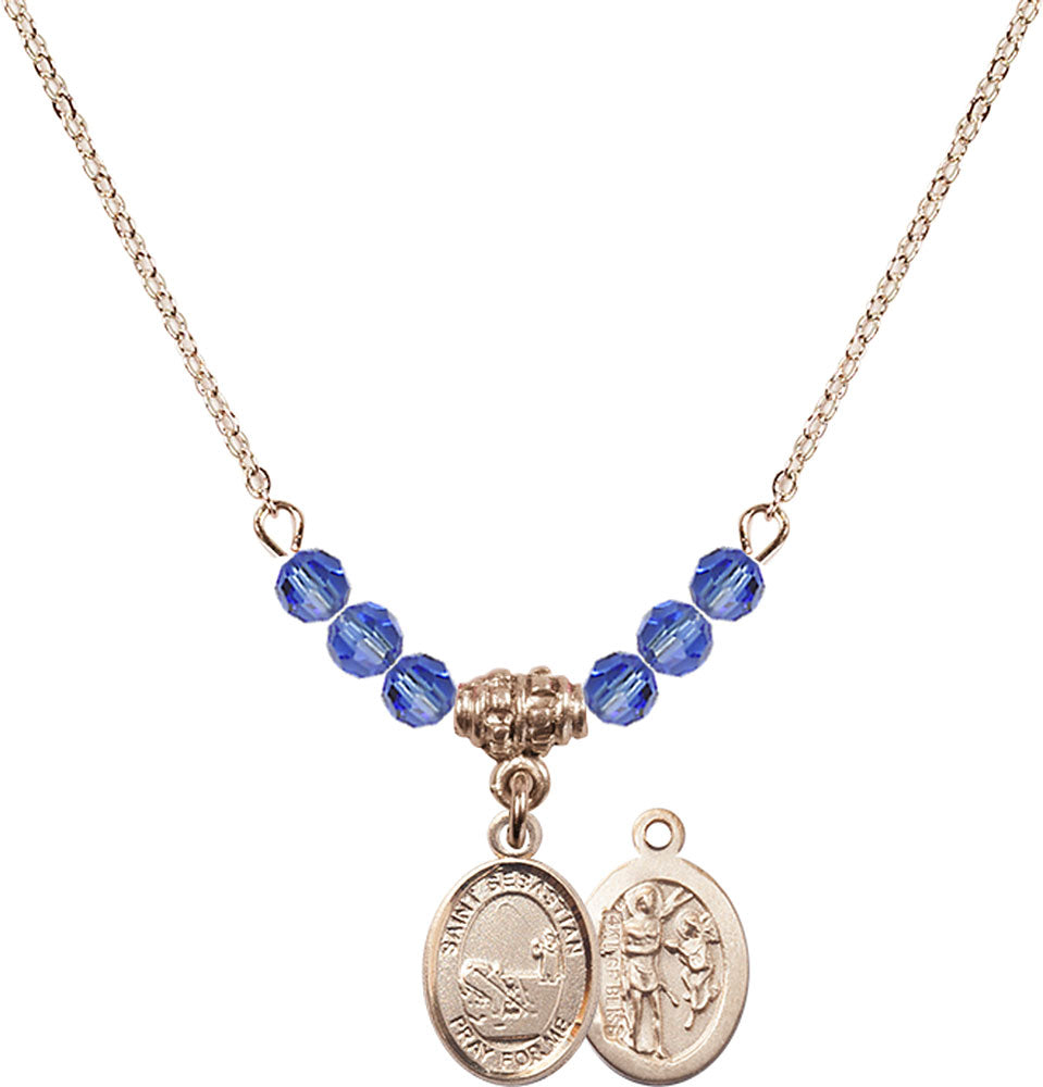 14kt Gold Filled Saint Sebastian / Fishing Birthstone Necklace with Sapphire Beads - 9188