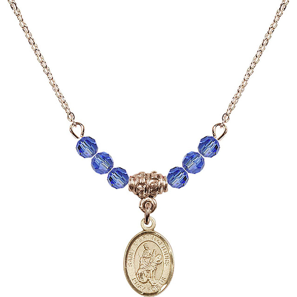 14kt Gold Filled Saint Martin of Tours Birthstone Necklace with Sapphire Beads - 9200
