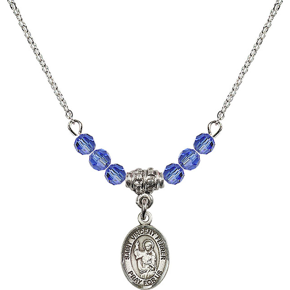Sterling Silver Saint Vincent Ferrer Birthstone Necklace with Sapphire Beads - 9201