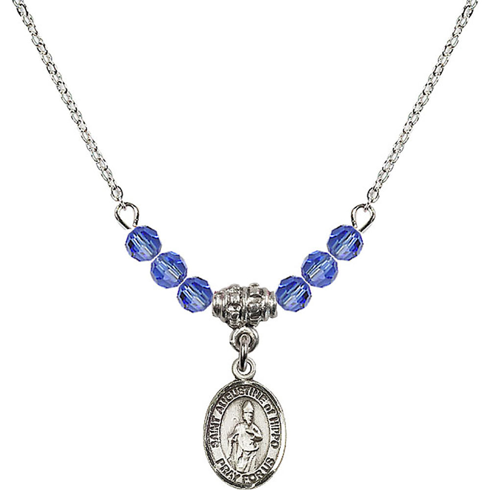 Sterling Silver Saint Augustine of Hippo Birthstone Necklace with Sapphire Beads - 9202