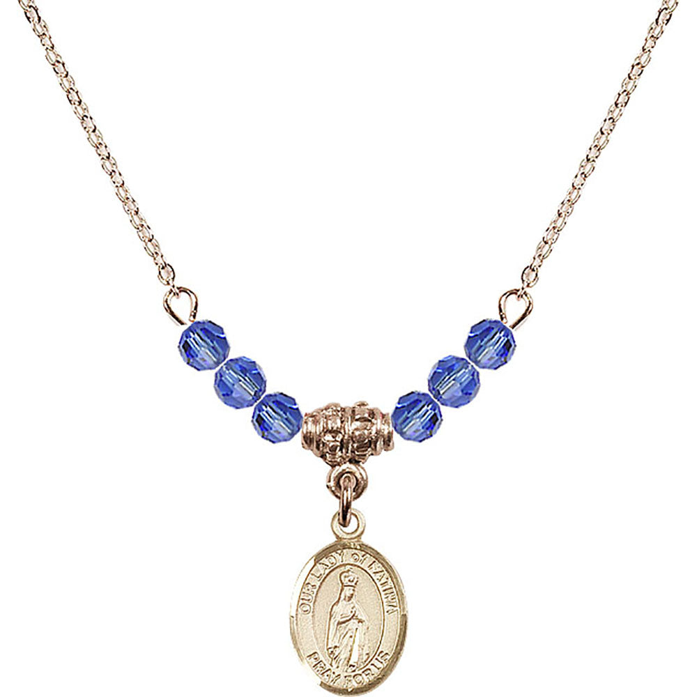 14kt Gold Filled Our Lady of Fatima Birthstone Necklace with Sapphire Beads - 9205