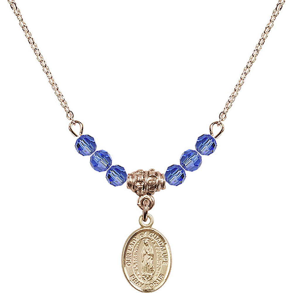 14kt Gold Filled Our Lady of Guadalupe Birthstone Necklace with Sapphire Beads - 9206