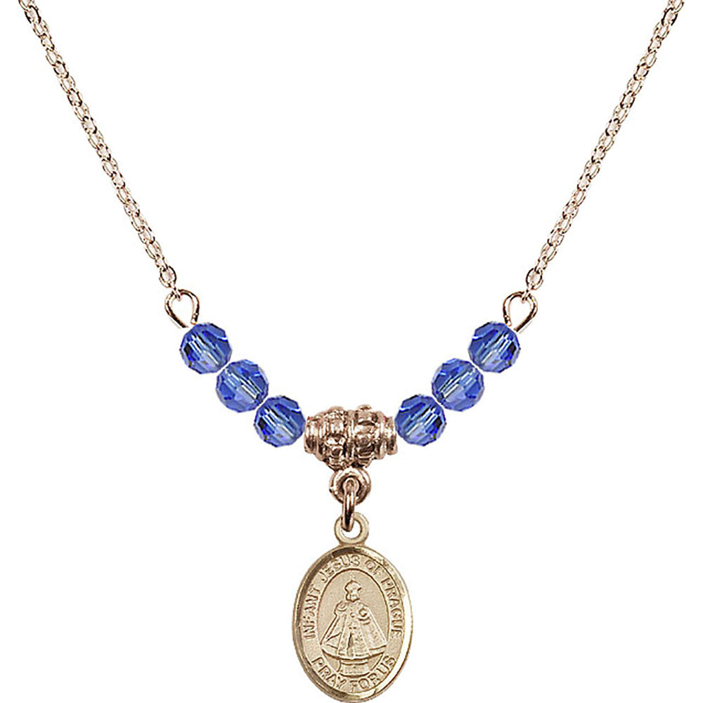 14kt Gold Filled Infant of Prague Birthstone Necklace with Sapphire Beads - 9207