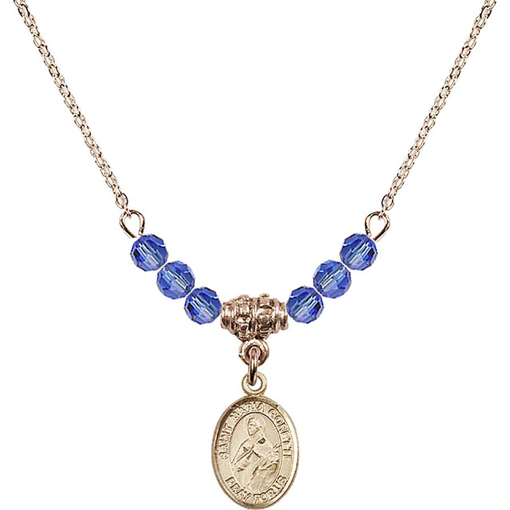 14kt Gold Filled Saint Maria Goretti Birthstone Necklace with Sapphire Beads - 9208