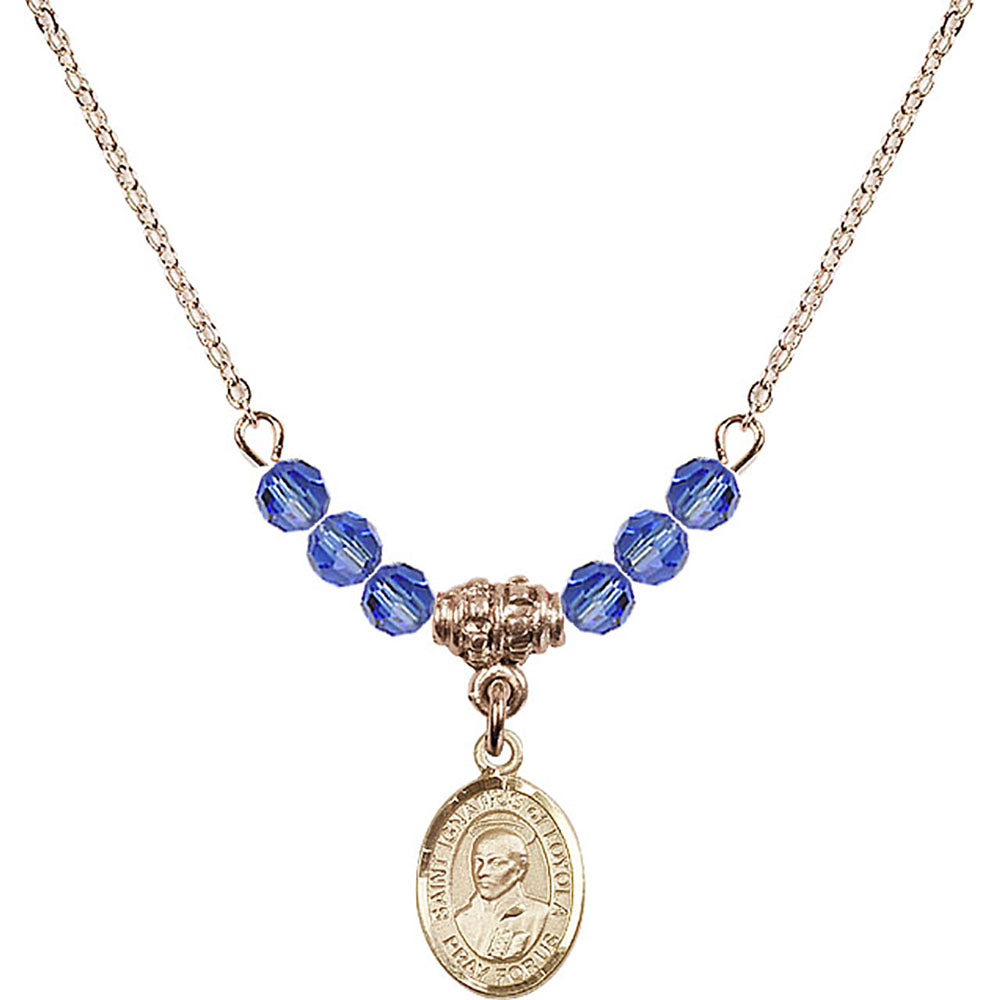 14kt Gold Filled Saint Ignatius of Loyola Birthstone Necklace with Sapphire Beads - 9217