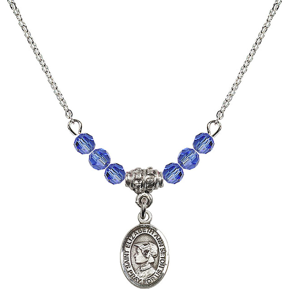 Sterling Silver Saint Elizabeth Ann Seton Birthstone Necklace with Sapphire Beads - 9224