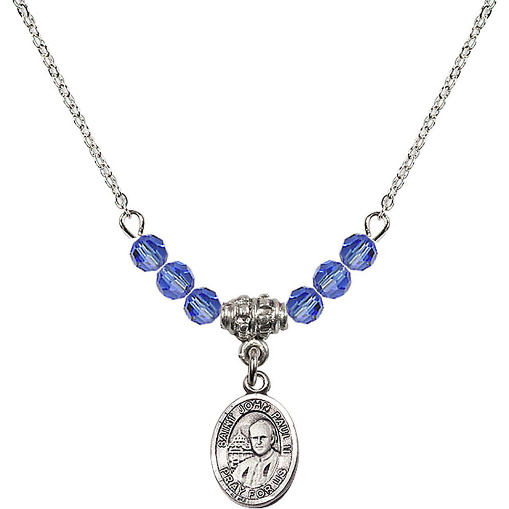 Sterling Silver Saint John Paul II Birthstone Necklace with Sapphire Beads - 9234