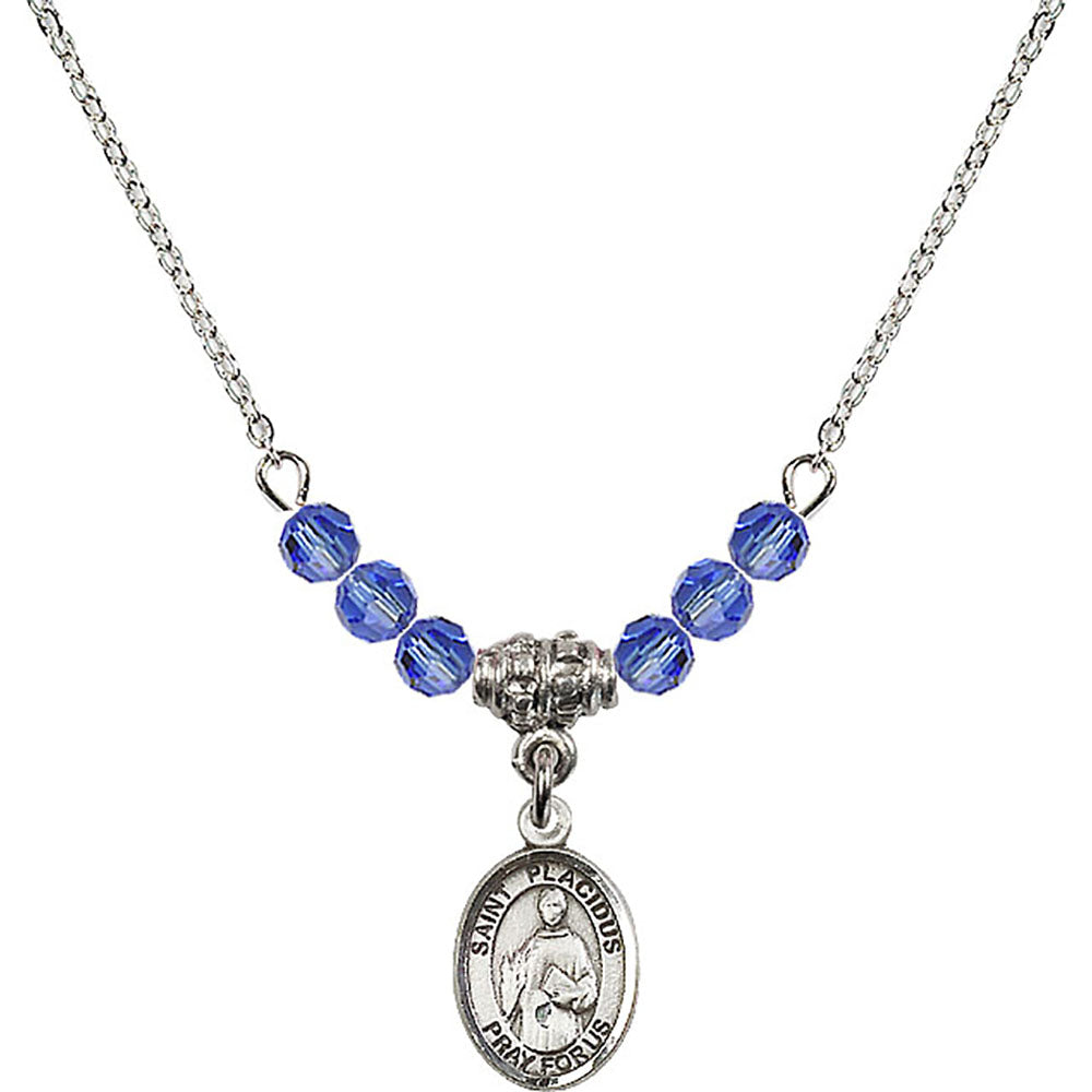 Sterling Silver Saint Placidus Birthstone Necklace with Sapphire Beads - 9240