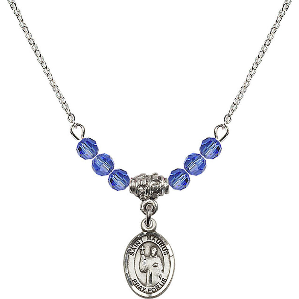 Sterling Silver Saint Maurus Birthstone Necklace with Sapphire Beads - 9241