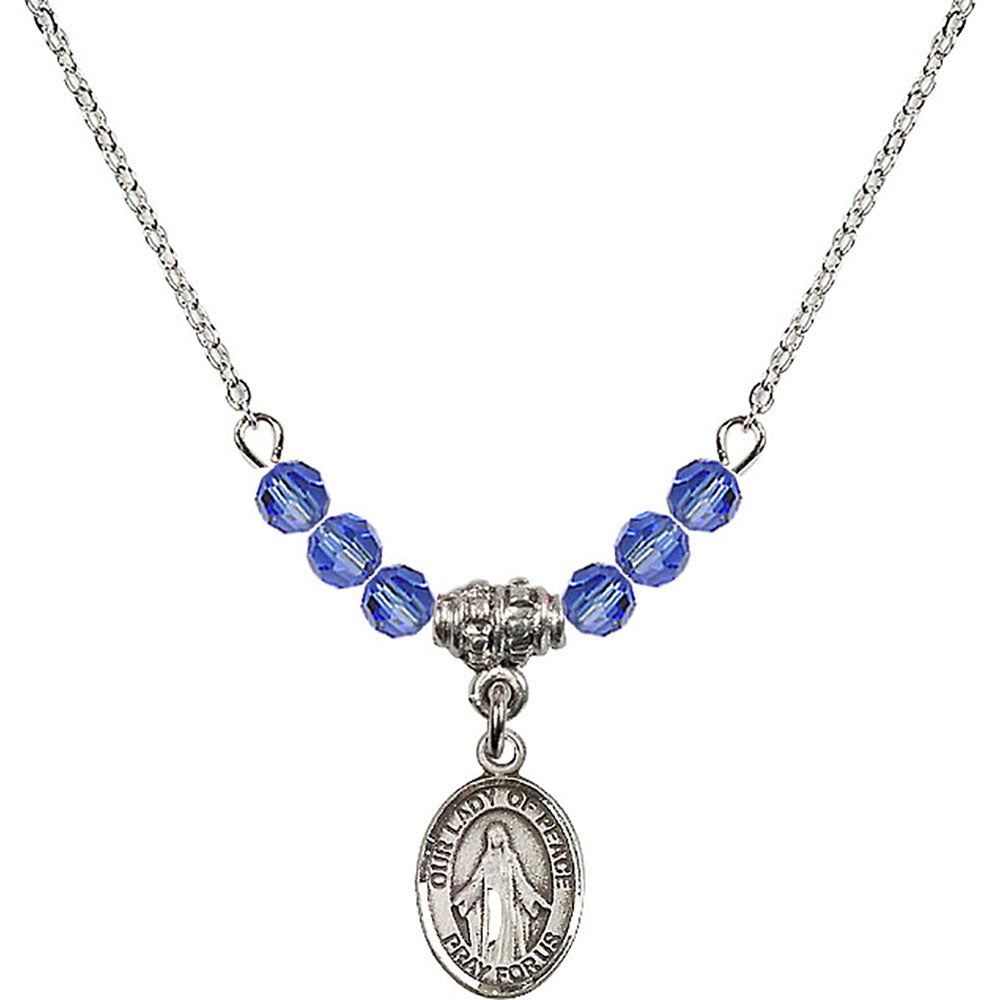 Sterling Silver Our Lady of Peace Birthstone Necklace with Sapphire Beads - 9245