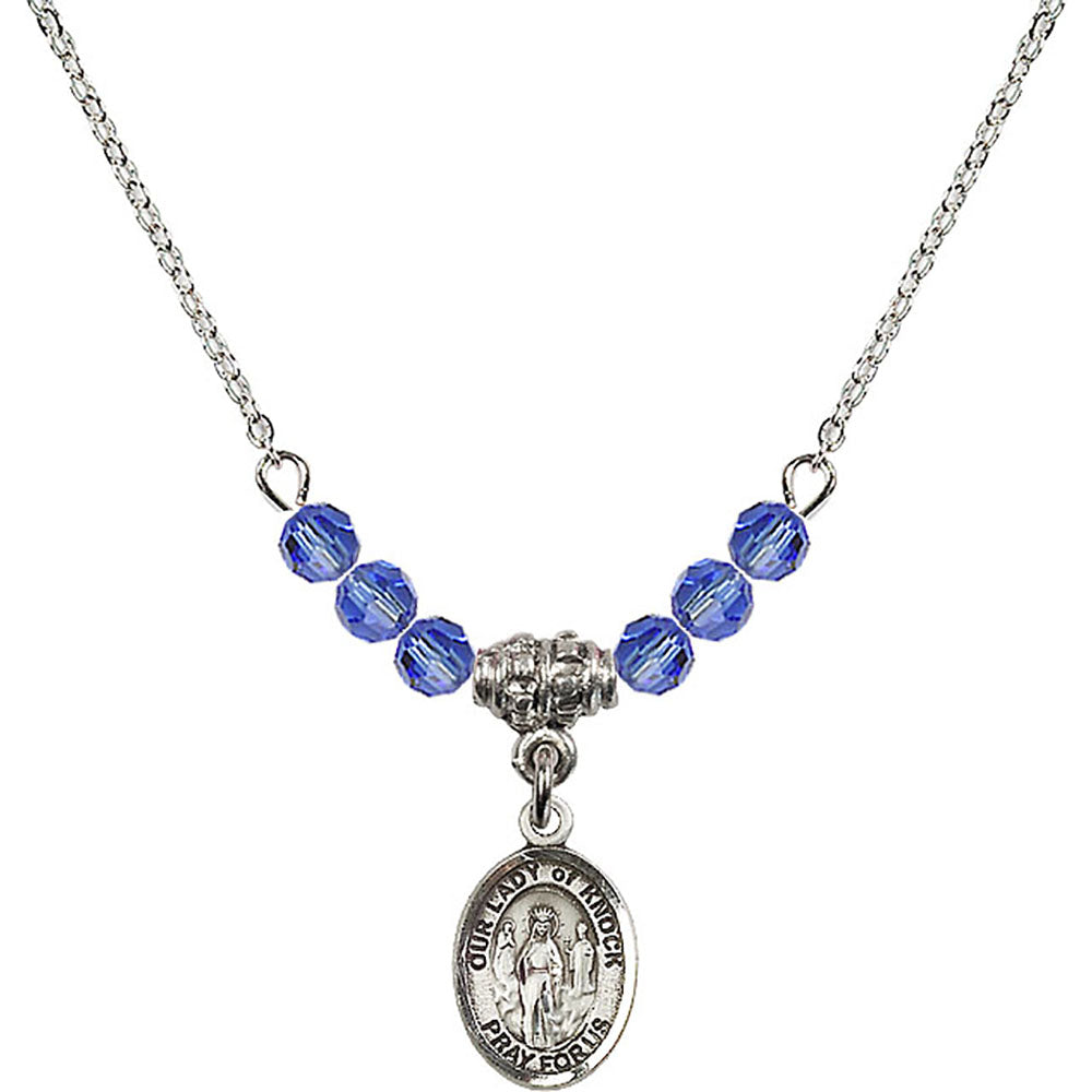 Sterling Silver Our Lady of Knock Birthstone Necklace with Sapphire Beads - 9246