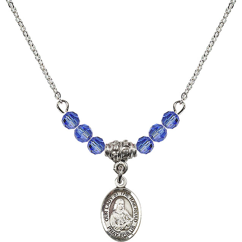 Sterling Silver Our Lady of the Railroad Birthstone Necklace with Sapphire Beads - 9247