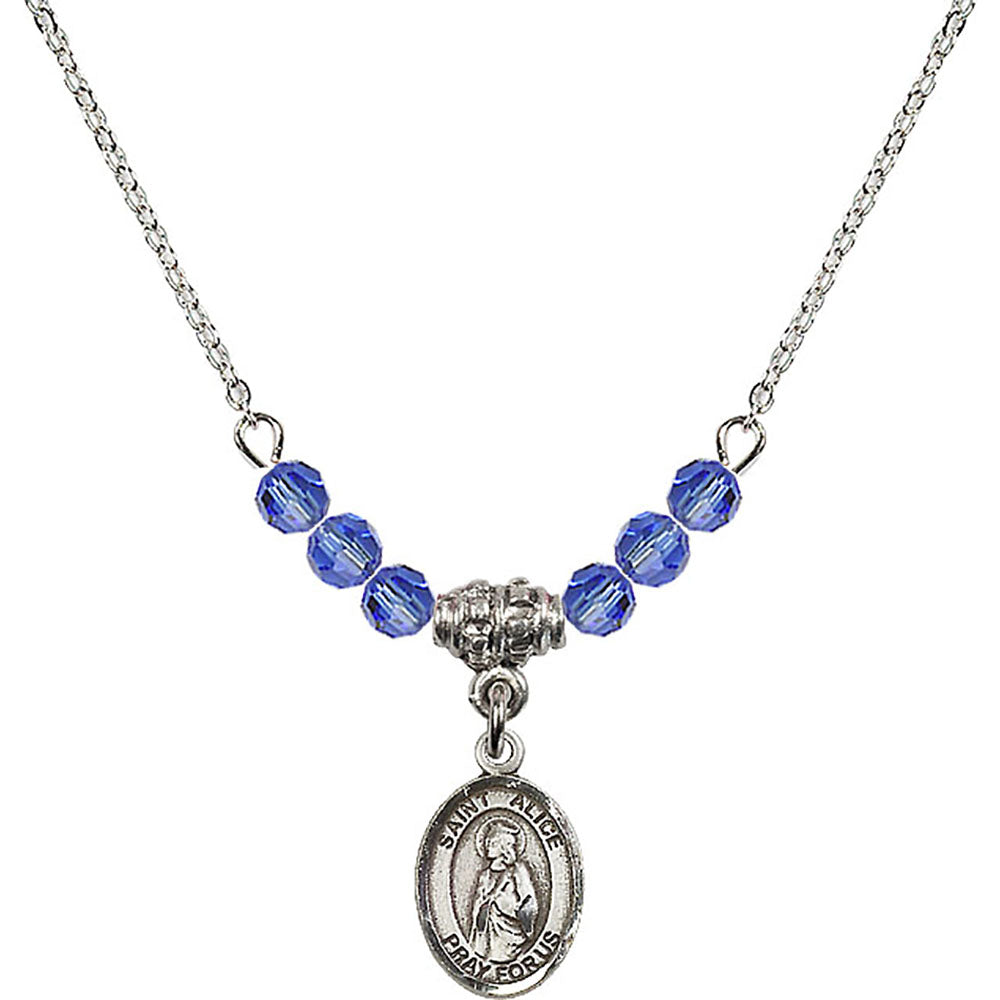 Sterling Silver Saint Alice Birthstone Necklace with Sapphire Beads - 9248
