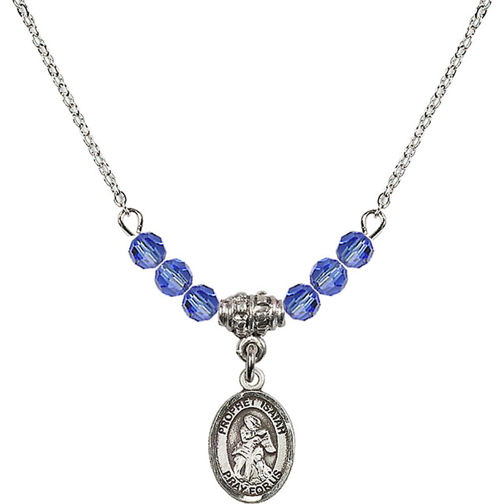 Sterling Silver Saint Isaiah Birthstone Necklace with Sapphire Beads - 9258