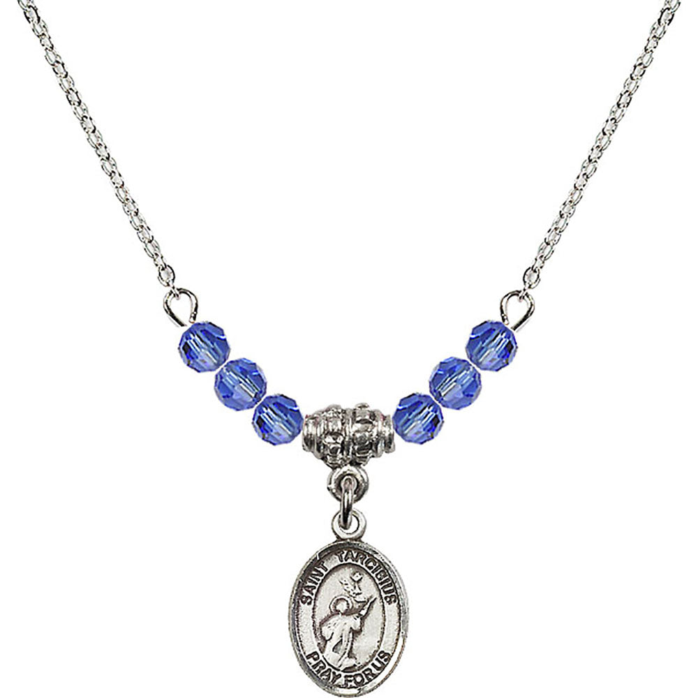Sterling Silver Saint Tarcisius Birthstone Necklace with Sapphire Beads - 9261