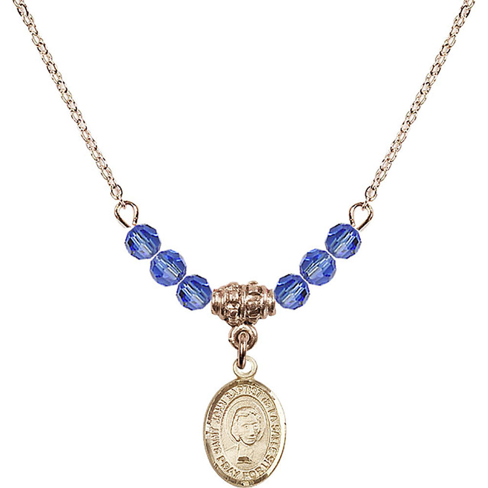 14kt Gold Filled Saint John Baptist de la Salle Birthstone Necklace with Sapphire Beads - 9262