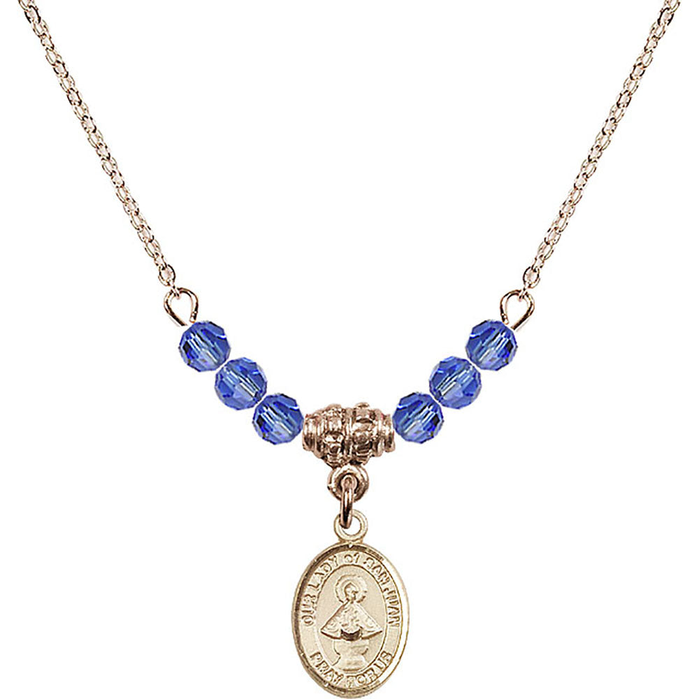 14kt Gold Filled Our Lady of San Juan Birthstone Necklace with Sapphire Beads - 9263