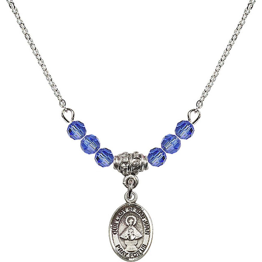 Sterling Silver Our Lady of San Juan Birthstone Necklace with Sapphire Beads - 9263