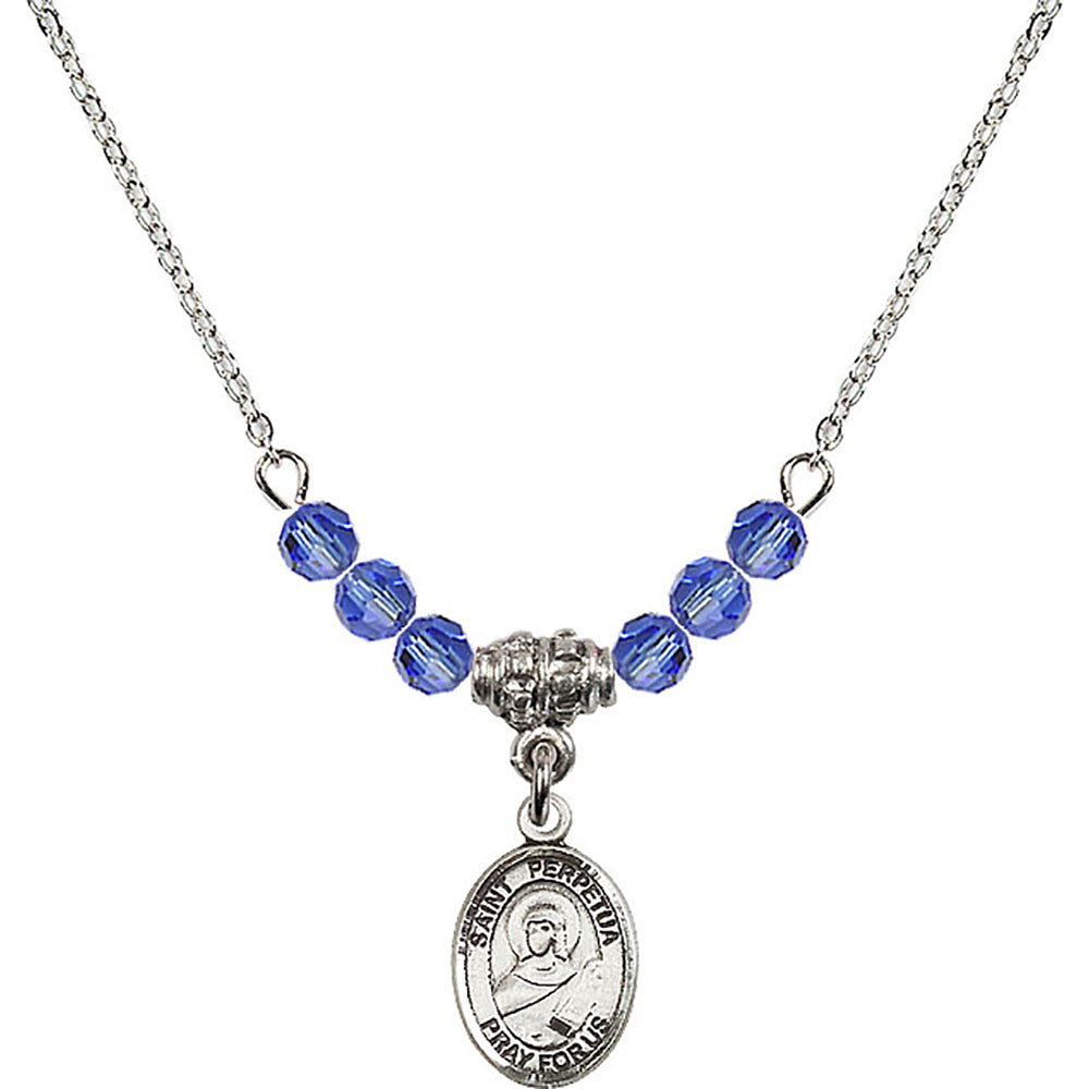 Sterling Silver Saint Perpetua Birthstone Necklace with Sapphire Beads - 9272