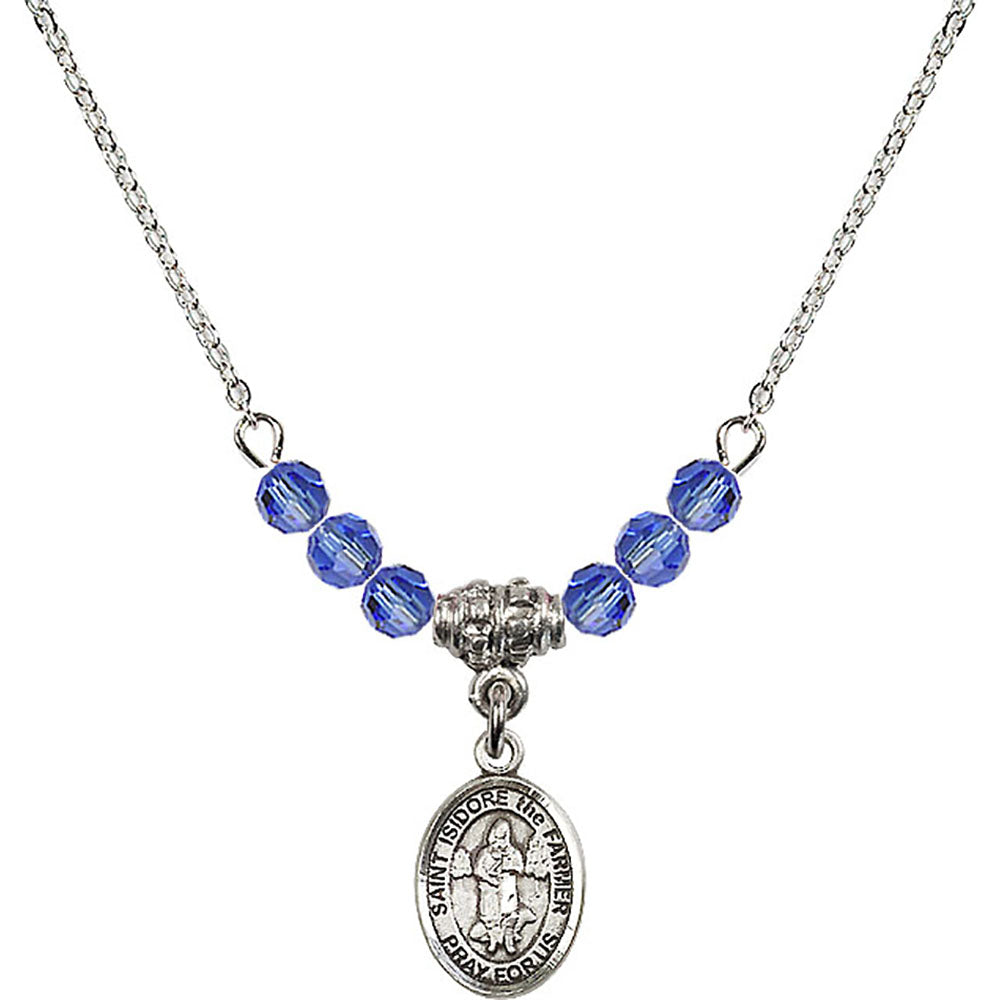 Sterling Silver Saint Isidore the Farmer Birthstone Necklace with Sapphire Beads - 9276